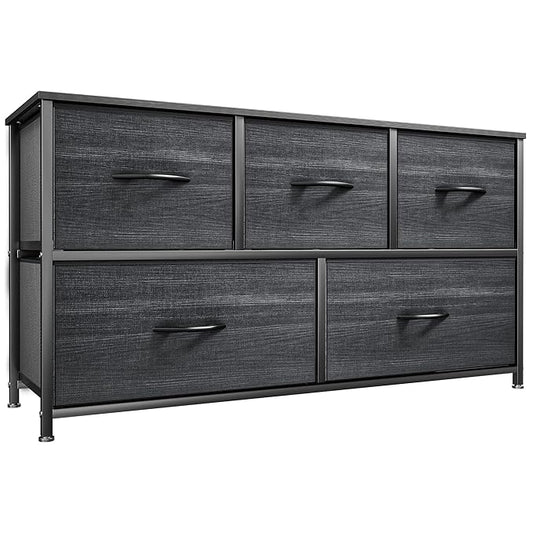 YITAHOME Dresser with 5 Drawers - Fabric Storage Tower, Organizer Unit for Bedroom, Living Room, Closets - Sturdy Steel Frame, Wooden Top (Black Wood Grain)
