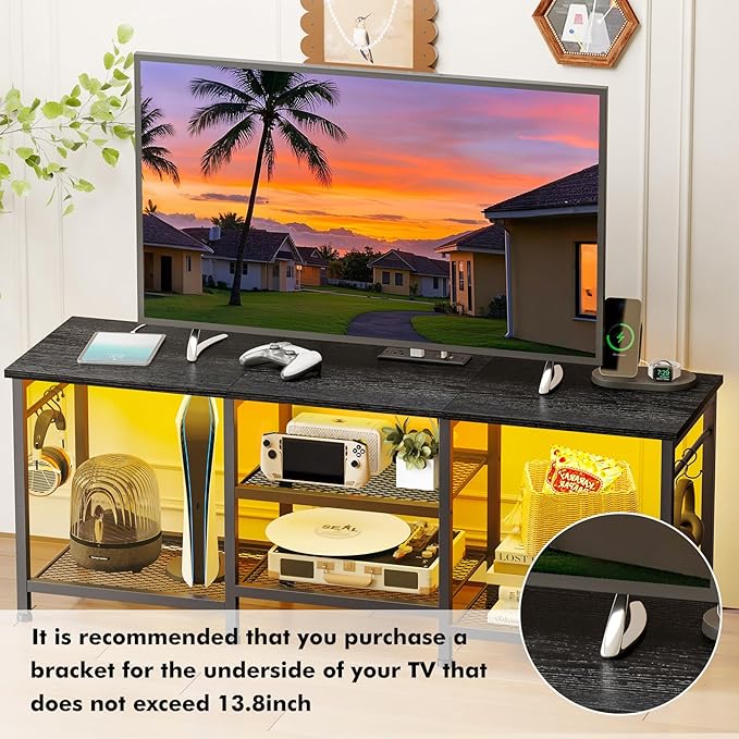 YGEOMER Black TV Stand Entertainment Center for 55 Inch TVs, with Charging Station and Lights Open Storage Shelves, TV Media Console, Open Storage Shelf with Sound Rack for Living Room, Bedroom
