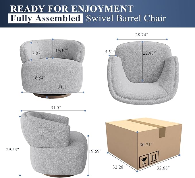 Swivel Barrel Chair, Oversized Accent Chair for Living Room，Lounge Sofa Chair with 360-Degree Base, Upholstered Reading Chair, Modern Round Club Chair for Bedroom, Office, Grey