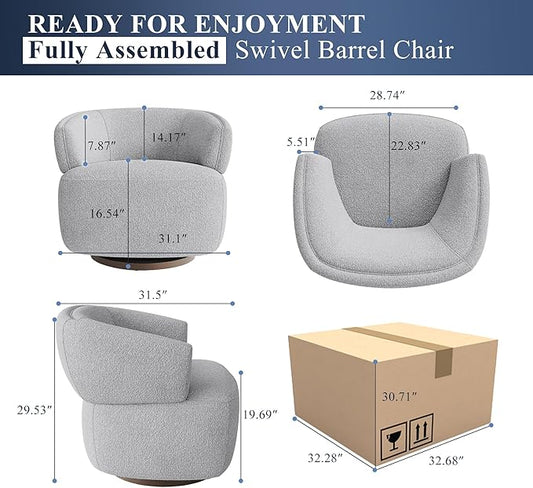 Swivel Barrel Chair, Oversized Accent Chair for Living Room，Lounge Sofa Chair with 360-Degree Base, Upholstered Reading Chair, Modern Round Club Chair for Bedroom, Office, Grey