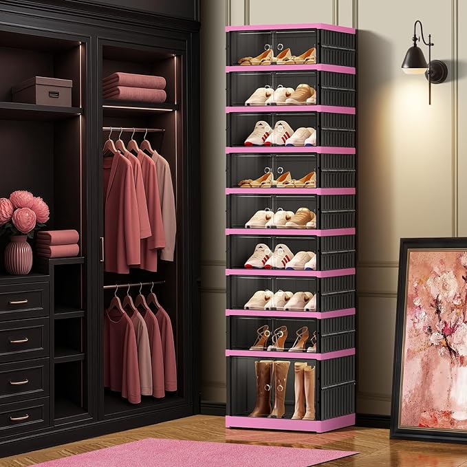 9-Tier Foldable Shoe Rack Organizer for Closet,18 Pairs Collapsible Plastic Shoe Shelf,Clear Stackable Shoe Storage Boxes with Door Easy Assembly,Shoe Cabinet with Lids Large（Black-Pink）