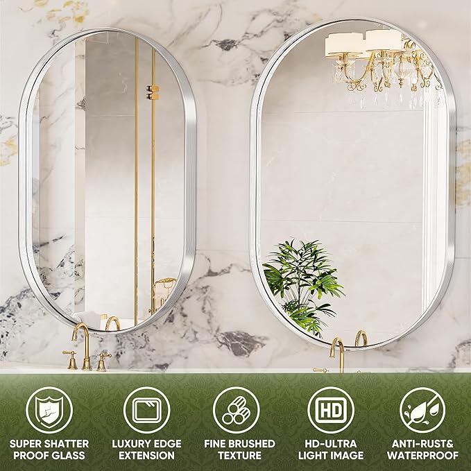 Suidia 26" x 38" Bathroom Mirror, Bathroom Vanity Mirror Metal Framed, Wall-Mounted Mirrors for Bedroom, Living Room, Entryway, Hallway, Silver, Oval Style