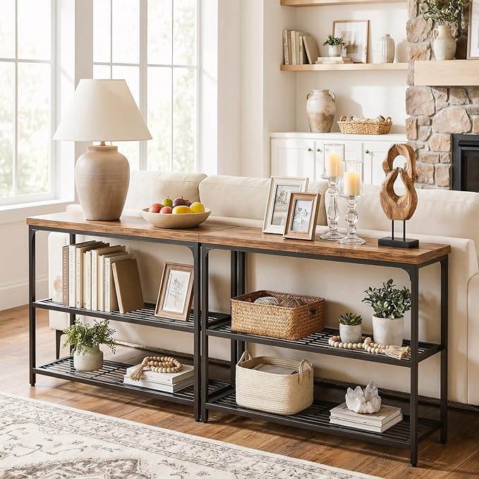47" Console Table with Storage, 3-Tier Narrow Entryway Table, Sofa Table with Mesh Shelves, Console Tables for Living Room, Bedroom, Hallway, Entryway, Foyer, Rustic Brown