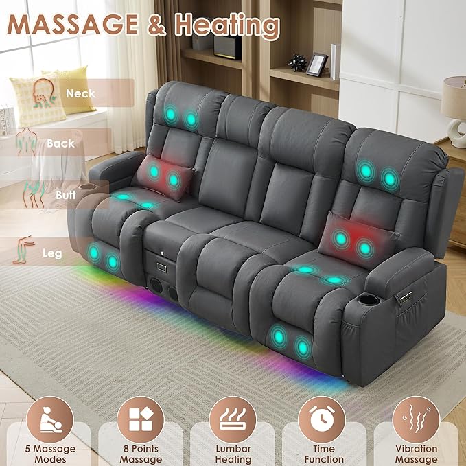 TUNYI Wall Hugger Loveseat Recliner Sofa with Console, Power Reclining Loveseat RV Couch with Massage & Heat/USB/Outlet/Storage/LED Light/Speaker (Blue, 4 Seat)