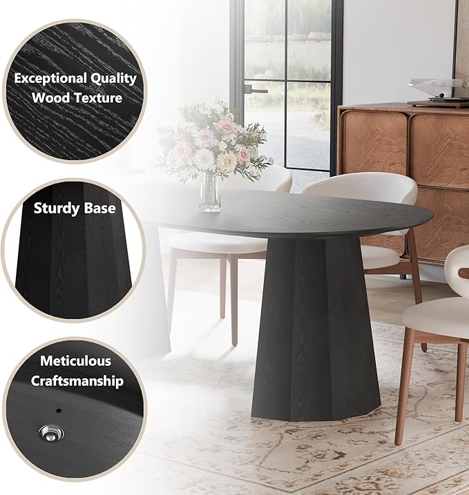Casaphoria 79" Oval Dining Table, Modern Wood Kitchen Table with Cone Shaped Strip Polygonal Base for Living Room & Dining Room, Easy Assembly Farmhouse Furniture for 6-8, Black