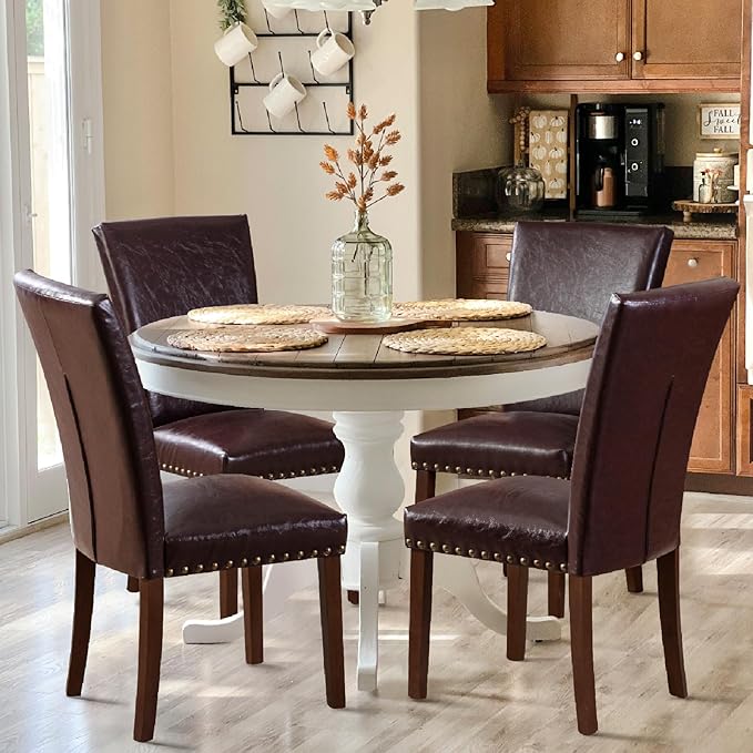 COLAMY Upholstered Parsons Dining Chairs Set of 4, PU Leather Dining Room Kitchen Side Chair with Nailhead Trim and Wood Legs - Dark Brown