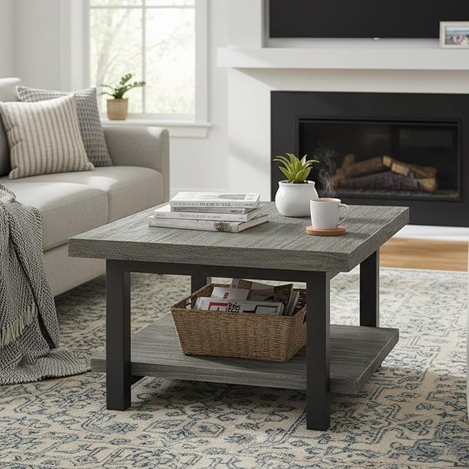 Alaterre Furniture Pomona Living Room Collection – 27 Inch Square Solid Wood Coffee Table with Metal Legs – Modern Rustic Industrial Small Space Table (Slate Grey)