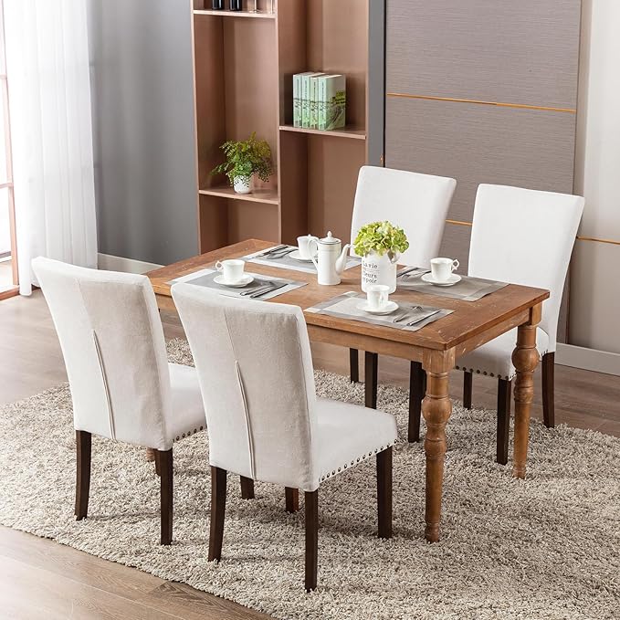 COLAMY Upholstered Parsons Dining Chairs Set of 4, Fabric Dining Room Kitchen Side Chair with Nailhead Trim and Wood Legs - Beige,No Table
