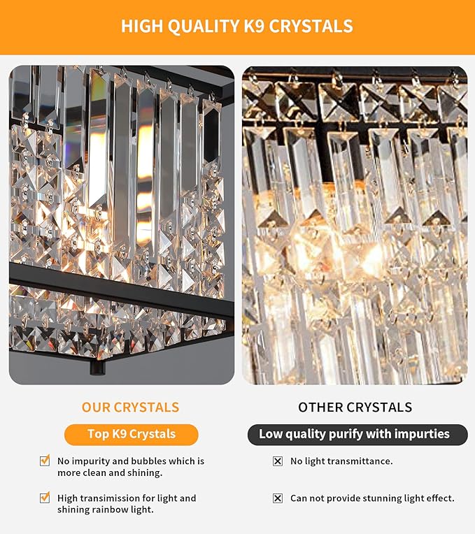 Q&S Modern Chandelier,Farmhouse Industrial Black Square Crystal Chandeliers 4 Lights Hanging Pendant Light Fixture for Dining Room Hallway Entryway Kitchen Island UL Listed