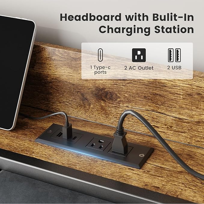 Twin Size Bed Frame with Storage Headboard and Charging Station, Smart RGB LED Lights, Metal Platform Bed with USB & Type-C Ports, Noise Free, Easy Assembly, No Box Spring Needed