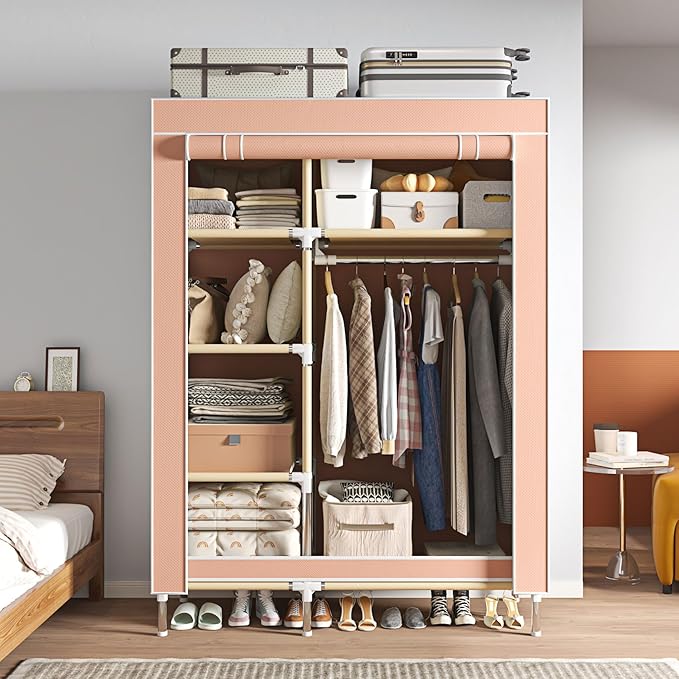 Portable Wardrobe, Simple Wardrobe, with 5 Shelves, Hanging Rod and Non-Woven Fabric Cover, Suitable for Small Spaces.(Pink, 41.3 in)