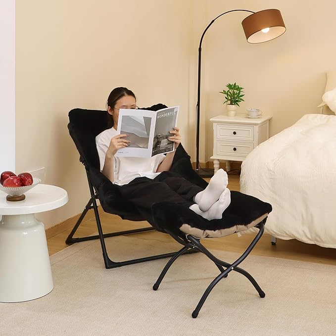 Comfy Saucer Chair for Adults, Soft Faux Fur Bedroom Chair, Accent Dorm Chairs, Flexible Living Room Reading Chairs, Oversized Folding Seat for Teens, X-Large, Black
