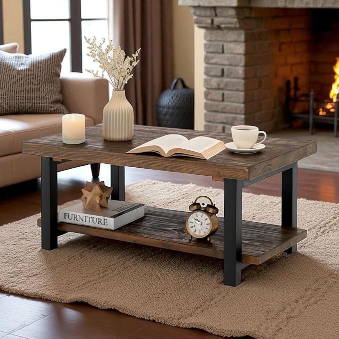 Alaterre Furniture Pomona Living Room Collection – 42 Inch Rectangular Solid Wood Coffee Table with Storage Shelf & Metal Legs – Rustic Industrial Farmhouse Living Room Table (Rustic Brown)