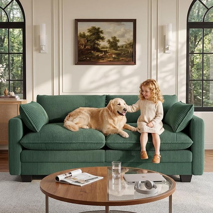 Gizoon 75” Small Cloud Loveseat Couches for Living Room, 2 Seater Love Seat Sofa with Comfy Deep Seat, Small Washable Couches with Removable Corduroy Cover for Apartment, Green