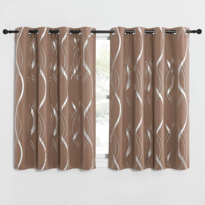 NICETOWN Blackout Short Curtains Panels for Bedroom, Microfiber Noise Reducing Thermal Insulated Wave Line Foil Print Design Blackout Curtains for Office, Classroom (Cappuccino, 2 Panels, 52" x 54")