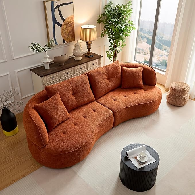 109" Sectional Curved Sofa, Boucle Fabric Upholstered Modern Couch, Oversized 3 Seater Minimalist Comfy Modular Deep Seat Sofas Set for Living Room, Home Office, Bedroom, Guestroom, Orange