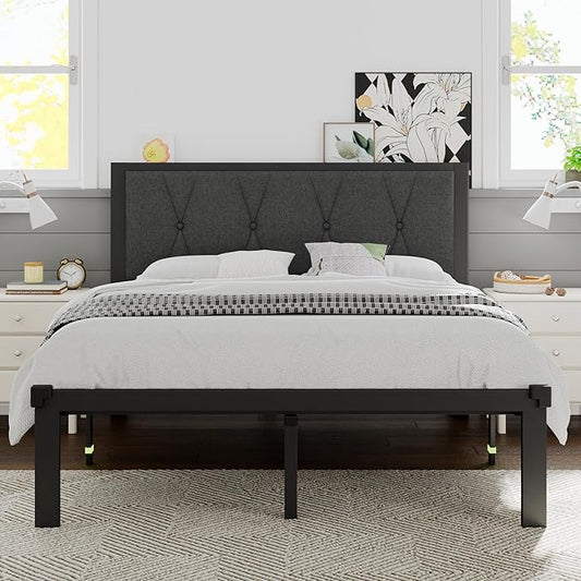 Queen Size Metal Bed Frame, Platform Bed with Upholstered Button Tufted Headboard, 12" Underbed Storage, Steel Slats Support, No Box Spring Needed, Easy Assembly, Noise-Free, Dark Grey