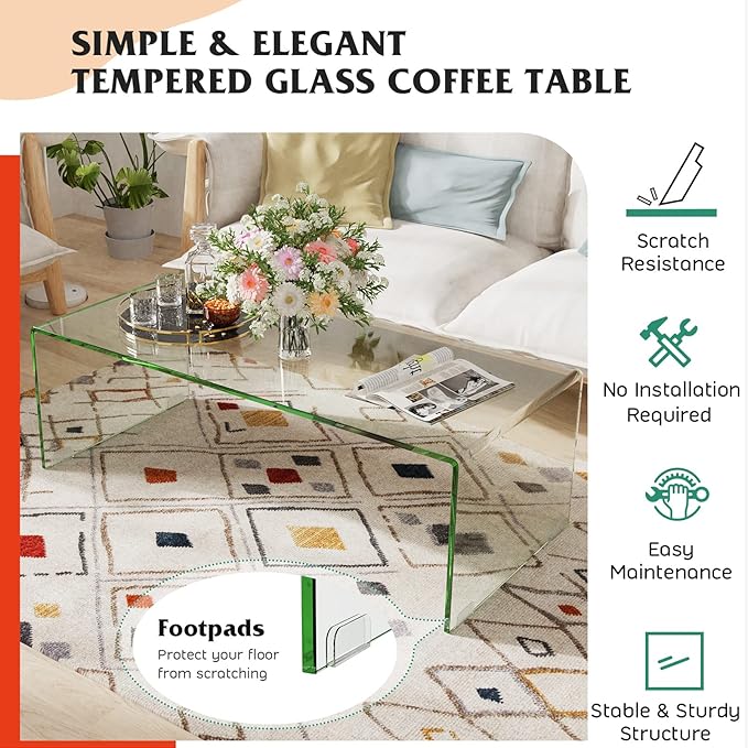 ReunionG Glass Coffee Table, Modern Clear Coffee Table with Rounded Edges, Transparent Tempered Glass Coffee Table, U-Shaped Side Table for Living Room Office, 42.5" x 20" x 14" (L x W x H)