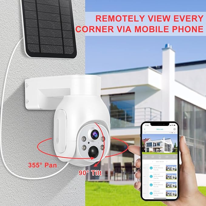 100% Wire-Free Wireless Rechargeable Battery Solar Powered Outdoor 1080P Home PTZ 2.4G WiFi Security Camera PIR Motion Recording Two-Way Audio IP65 Weatherproof Color Night Vision AT-S700