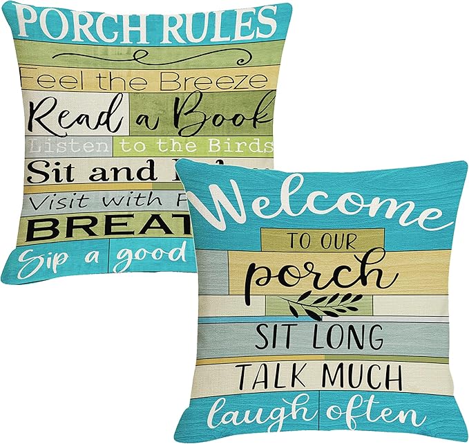 Jartinle Lake House Outdoor Pillow Covers 18x18 Inch Waterproof Turquoise Woodgrain Stripe Welcome to Porch Decorative Cushion Covers for Patio Furniture, Set of 2