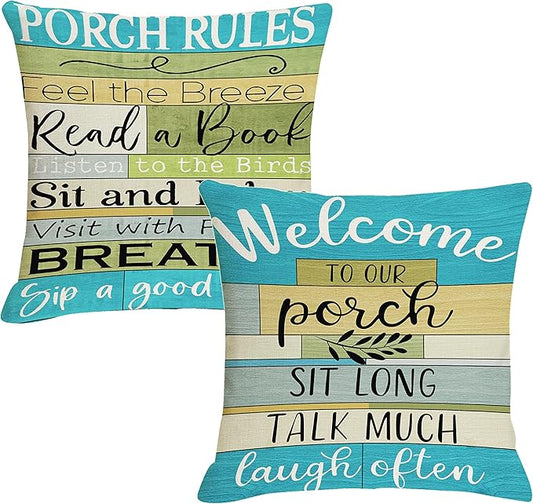 Jartinle Lake House Outdoor Pillow Covers 18x18 Inch Waterproof Turquoise Woodgrain Stripe Welcome to Porch Decorative Cushion Covers for Patio Furniture, Set of 2