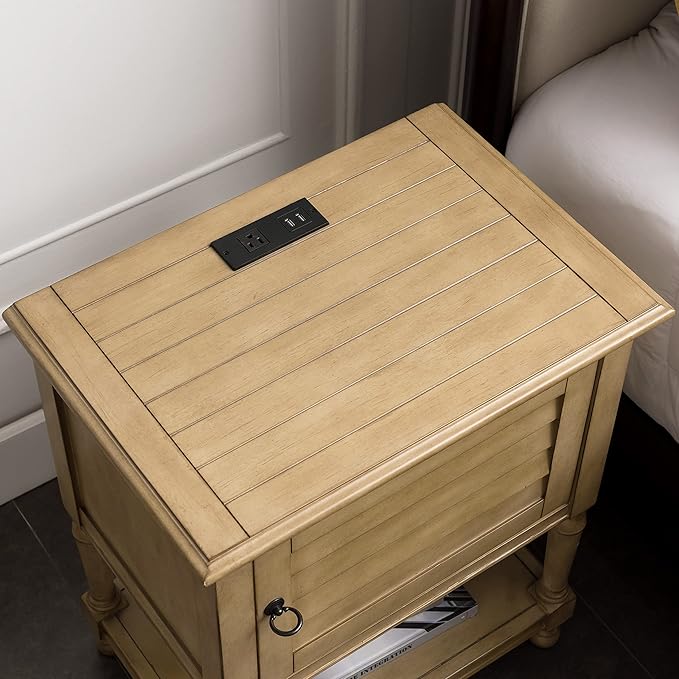 Leick Home Louvered Nightstand, Solid Wood, with USB-C Charging, 1 Door, Desert Sand, 9071-DS