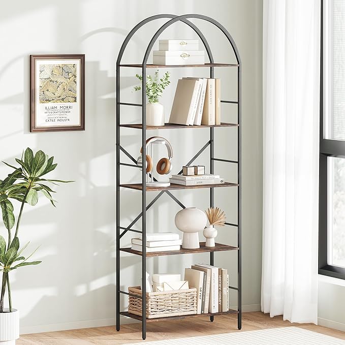 Arched Tall Bookshelf, 5 Tier Narrow Bookcase, Display Stand Book Shelf, Wide Bookshelves with 4 Hooks for Living Room, Home Office, Black and Brown