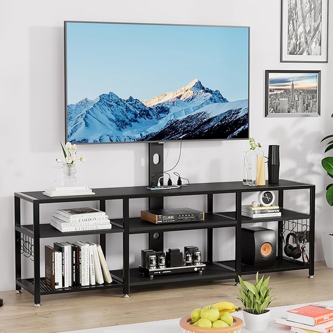 VECELO TV Stand with Mount and Power Outlet, Height Adjustable Entertainment Center with Storage Shelves for 55/65/70/75/80 inches Televisions, Console Table for Living Room, Bedroom, Matte Black