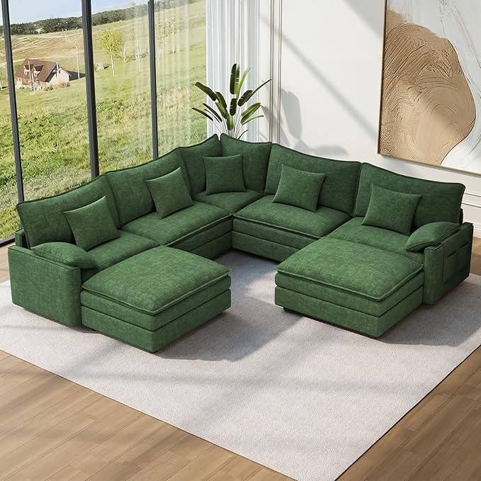 Vesgantti 101" V-Shaped Corner Couch Sectional, 7 Seat Customizable Modular Cloud Couches with Movable Ottoman, Chenille Deep Seat Sofa Set with Chaise for Living Room, Bedroom and Apartment, Green | Sink-in Comfort, Height Adjustable, Easy Rearrangeme...