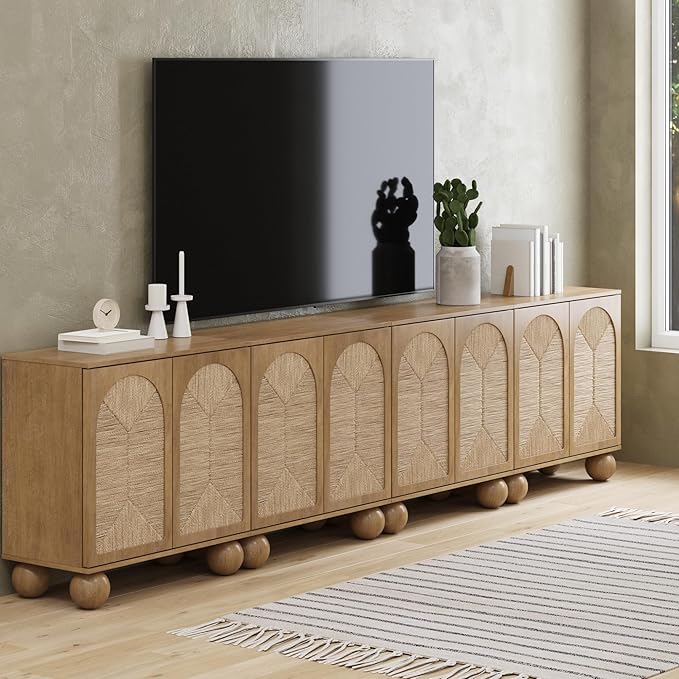 Nathan James Leah Boho TV Stand or Sideboard Cabinet for Kitchen or Living Room with Ball-Style Feet, Natural Seagrass Door Fronts and Solid Wood Legs, Light Brown, Set of 4