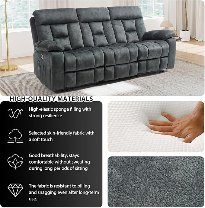 CANMOV 3 Seat Manual Recliner Sofa, Modern Reclining Sofa with Overstuffed Armrest, Hidden Cup Holders, for Living Room, Greenish-Gray