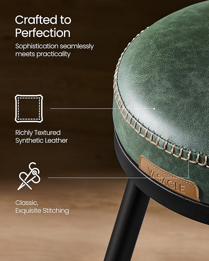 VASAGLE EKHO Collection - Bar Stools Set of 2, Swivel Counter Height Bar Stools with Back, Synthetic Leather with Stitching, Mid-Century Modern, 25.6-Inch Tall Barstools for Kitchen Bar, Forest Green