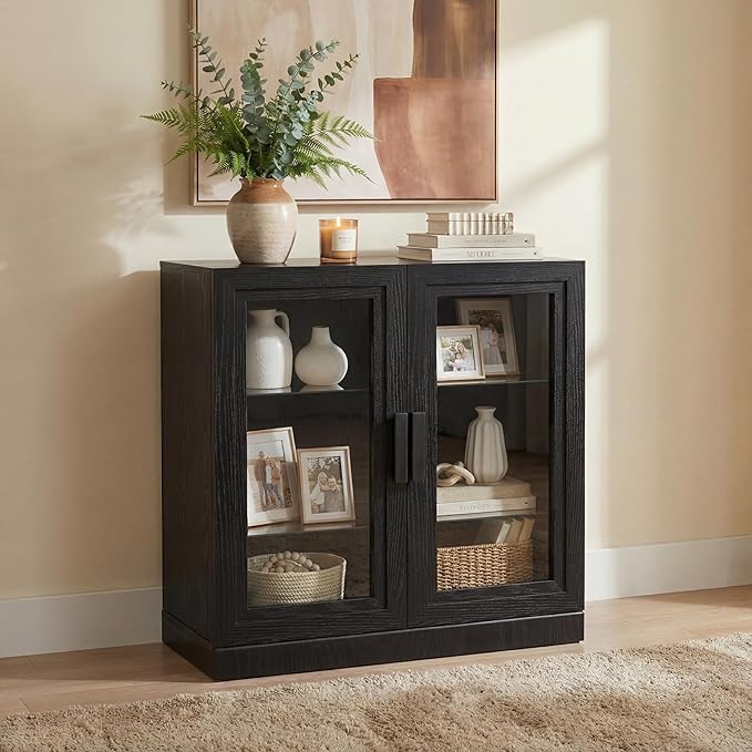 Casaphoria Adam Sideboard Buffet Cabinet with Storage, Display Cabinet with Glass Doors & Adjustable Shelves, 31" W x 36" H Buffet Cabinet for Entryway Kitchen Living Room, Black
