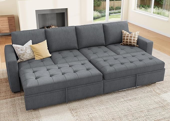 HONBAY Modular Sectional Sleeper Sofa with Pull Out Couch Bed, Convertible Sectional Couches for Living Room,Bluish Grey
