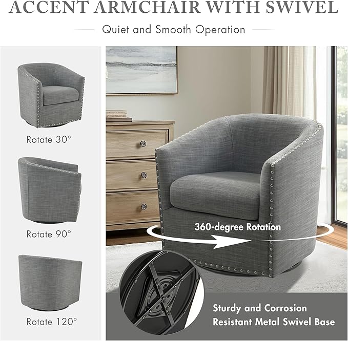 Madison Park Swivel Barrel Accent Chair, Upholstered Curved Back with 7-Inch Thick Woven Cushion, 360° Swivel, Nailhead Trim, Comfy Chair for Living Room, Bedroom, Office, 28" Wide, Grey, Tyler