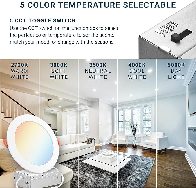 PARMIDA (6 Pack) 6 Inch 5CCT LED Recessed Ceiling Light with Night Light, 2700K/3000K/3500K/4000K/5000K Selectable Ultra-Thin Lighting, 15W, Dimmable Canless Wafer Slim Panel Downlight, IC Rated, ETL