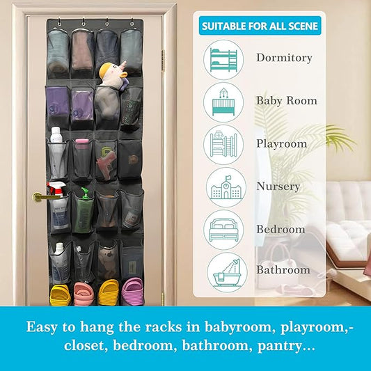 Over The Door Shoe Organizer with 24 Large Breathable Mesh Pockets Sturdy Closet Door Shoe Storage Holder Hanging SimpleHouseware Men Women Kids Shoe Holder for Rack (Black)
