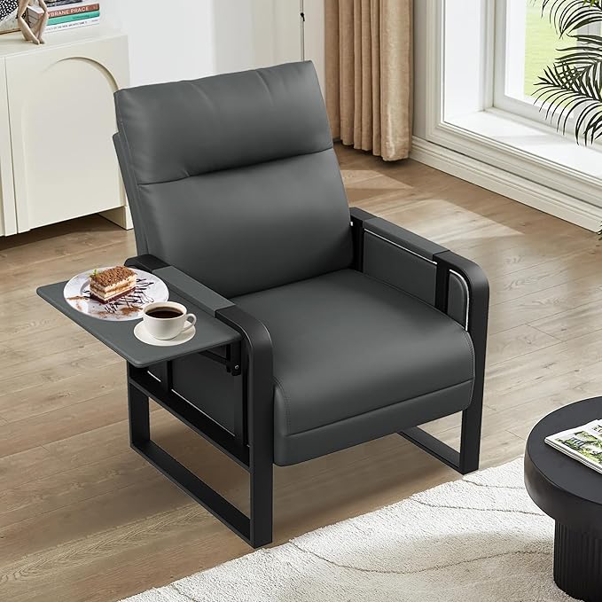 Faux Leather Accent Chairs Set of 2 with Side Table Modern Upholstered Armchair Leisure Chairs for Living Room Bedroom Office Club Dark Grey
