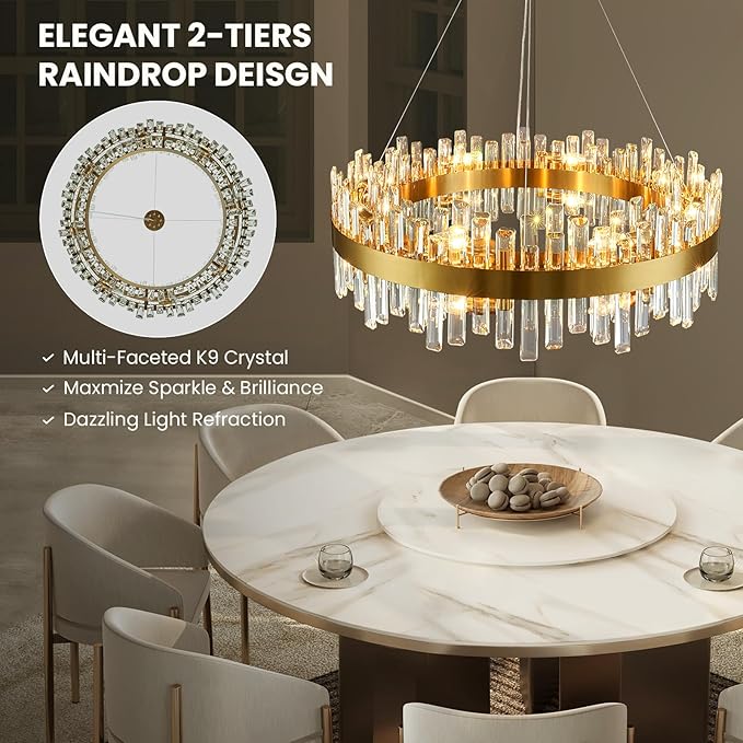 CROSSIO 16-Light Modern Crystal Chandelier, Large Gold Round 2-Tiers K9 Crystal Chandelier, Luxury Flush Mount Crystal Pendant Ceiling Light for Dining Living Room Entryway Foyer D31.5''