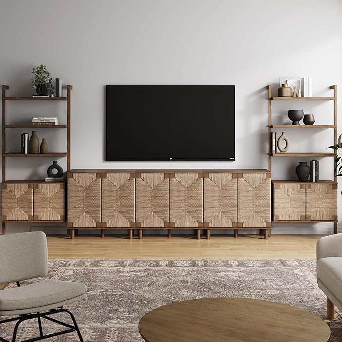 Nathan James Beacon Boho Seagrass Entertainment Center with Bookshelves and Storage Cabinet, Bookcase TV Stand Wall Unit, Fits TVs Up to 75 in. in Dark Brown Finish