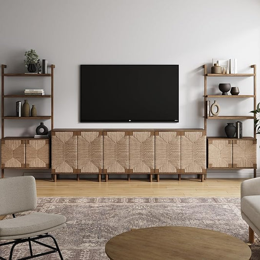 Nathan James Beacon Boho Seagrass Entertainment Center with Bookshelves and Storage Cabinet, Bookcase TV Stand Wall Unit, Fits TVs Up to 75 in. in Dark Brown Finish