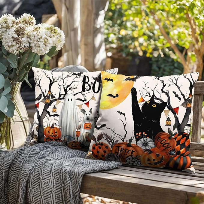 Halloween Outdoor Pillow Covers 24x24 Set of 2 Black Cat Pumpkin Moon Bat Throw Pillow Cases Ghost Spooky Boo Dog Skull Pillowcase Fall Holiday Decor for Home Sofa Couch
