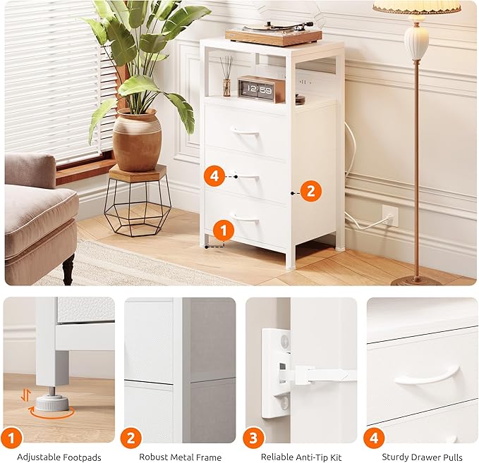 NightStand Bedside Charging Table Bedroom - White Night Stand with Charger Station, USB-C USB Ports & AC Outlets for Dorm, Modern End Table with Open Shelf & 3 Fabric Drawers