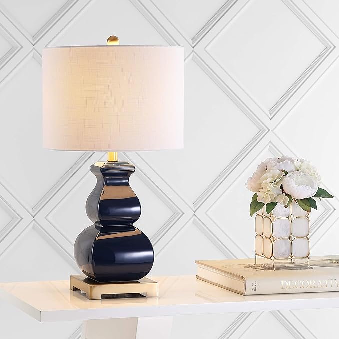 JONATHAN Y 25.5" Navy Blue/Gold Ceramic Table Lamp for Living Room Bedroom, White Linen Shade, Modern Footed Vase Bedside Lamp, LED Bulb Included, UL Listed JYL3049A
