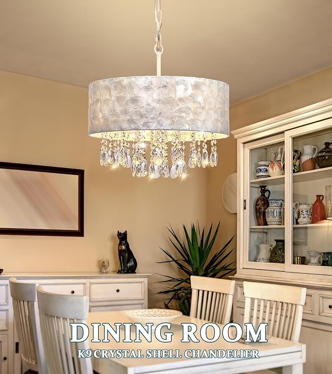 Q&S Boho Coastal Capiz Shell Crystal Chandelier,Modern Glam Luxe Drum D18 inch 4-Light Pendant Light Fixture for Dining Room Living Room Bedroom Kitchen Island Foyer UL Listed