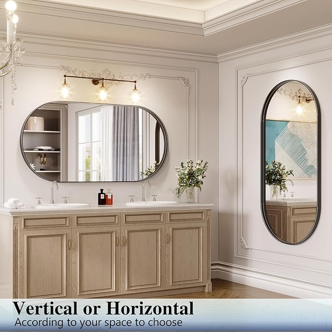 Oval Mirror, 30"×60" Black Bathroom Mirror, Oval Mirror for Bathroom, Black Vanity Mirror for Wall, Entryway, Living Room, Wall Mount Mirrors Hangs Vertical or Horizontal