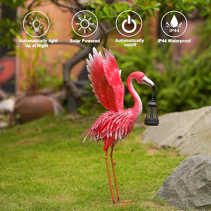 Goodeco 25.6" Metal Flamingo Statue with Solar Lantern - Pink Flamingo for Garden Yard Patio Decorations, Perfect Flamingo Gifts (Flamingo)