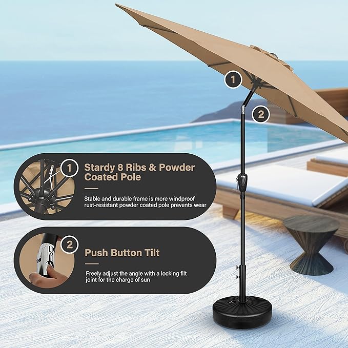 Simple Deluxe 9ft Patio Umbrella Outdoor UV-proof, Table Market Umbrella with Push Button Tilt and Crank, 8 Sturdy Ribs for Garden, Backyard, Pool, Deck, Tan