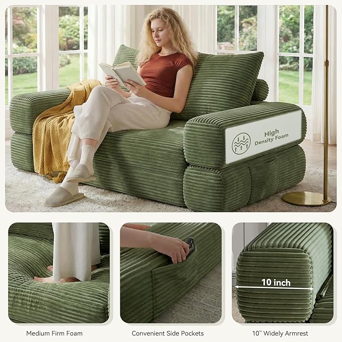 Jocoevol 4-in-1 Convertible Folding Sofa Bed, 68"L x 78"W Queen Size Foldable Sleeper Sofa Bed, Wide Corduroy Upholstery, Boneless Mattress Couch with Armrests & Neck Pillow for Living/Bedroom, Green