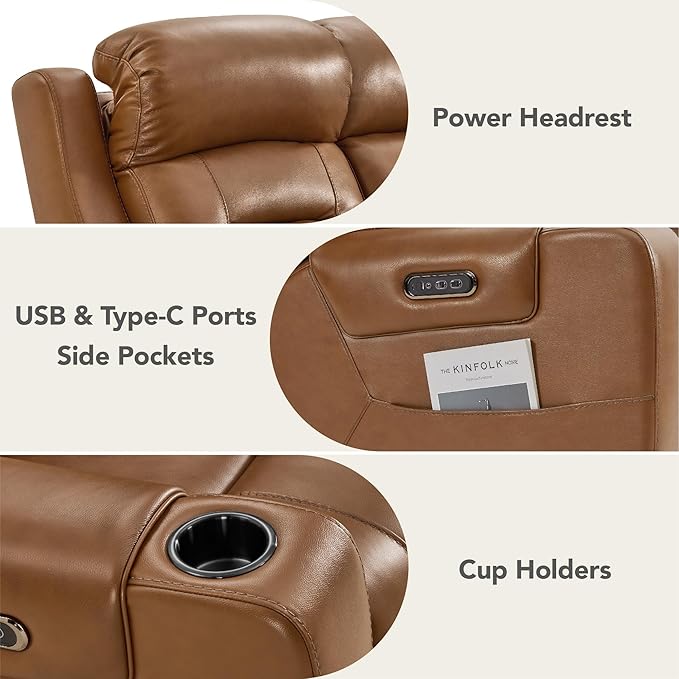 Watson & Whitely Genuine Leather Power Recliner Sofa, Lay Flat Reclining Sofa with Storage Console, Power Headrest & Cup Holders, 3 Seater Electric Reclining Couch for Living Room, Saddle Brown